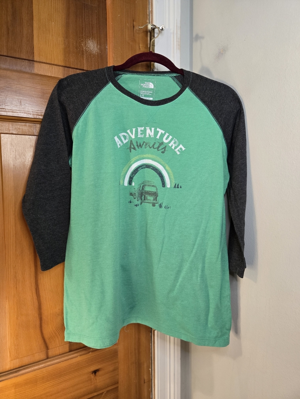 The North Face Adventure Awaits Green Tee with Charcoal Raglan Sleeves Sz L